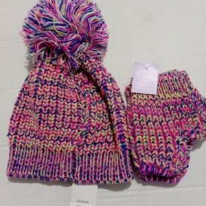 Colorful Knit Pom-Pom Hat and Mittens Set Girls Size 2t